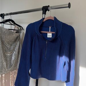 Blue Ribbed Sweater with Half-Zip